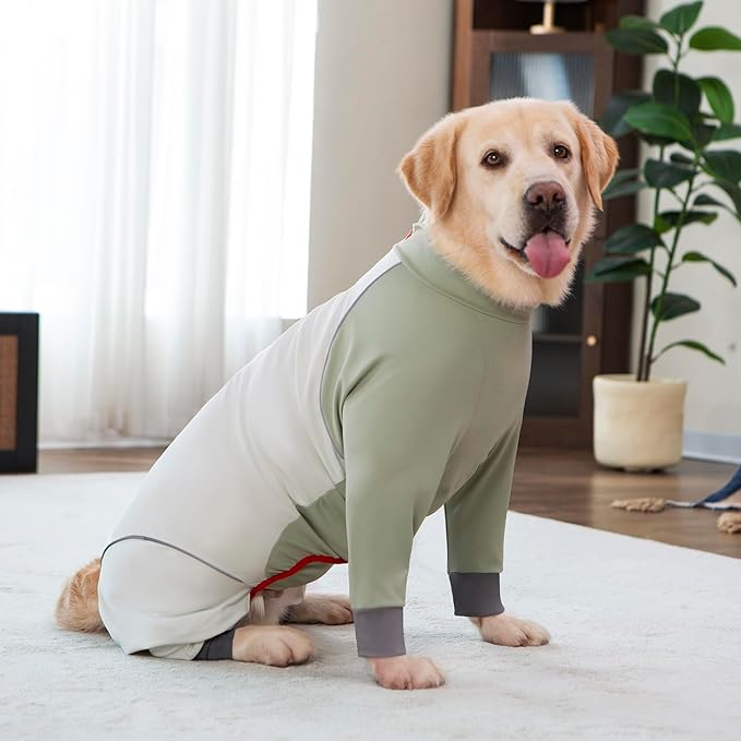 Dog Onesie Coat - Water-Repellent & Stretchable, Dirt-Resistant Outdoor Puppy Suit with Reflective Strips | Controls Shedding | for Small, Medium, Large Dogs (Beige, 4XL(Weight 50-70 lbs))
