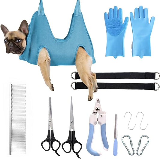10-in-1 Pet Grooming Hammock Kit with Nail Clippers, Grooming Scissors, Comb, Gloves & Adjustable Harness for Cats & Dogs, for Nail Trimming, Bathing & Pet Grooming Helper