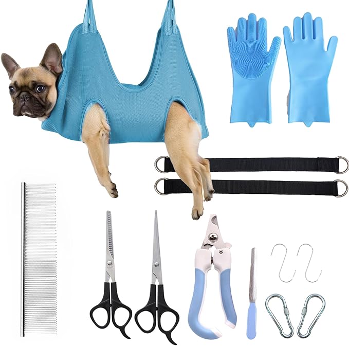10-in-1 Pet Grooming Hammock Kit with Nail Clippers, Grooming Scissors, Comb, Gloves & Adjustable Harness for Cats & Dogs, for Nail Trimming, Bathing & Pet Grooming Helper