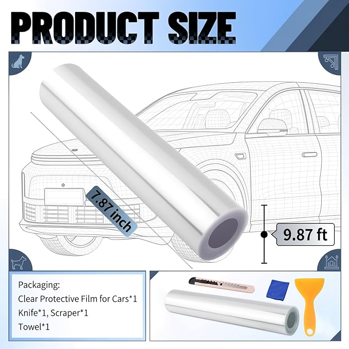 9.84Ft x 7.87" Car Door Protector,Clear Car Door Sill Protector Kit to Avoid Dog Scratches and Dirt,Self-Adhesive Protective Film as Cars Doors Edge Guards Include Scraper/Knife/Towel