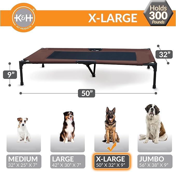 K&H Outdoor Elevated Dog Bed - Cooling Raised Dog Bed for Large & Extra-Large Pets, Breathable Mesh Center Hammock Design, Indoor/Outdoor Washable Cover, Portable Metal Frame, Chocolate, XL 50x32in