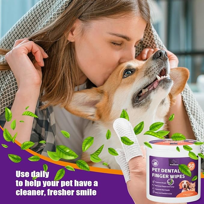 Teeth Cleaning Finger Wipes for Dogs & Cats, Soft Pet Dental Care Wipes, Disposable Pet Tooth Brushing Wipes, Gentle Cleaning & Gum Care Finger Pet Wipes (100 Wipes)