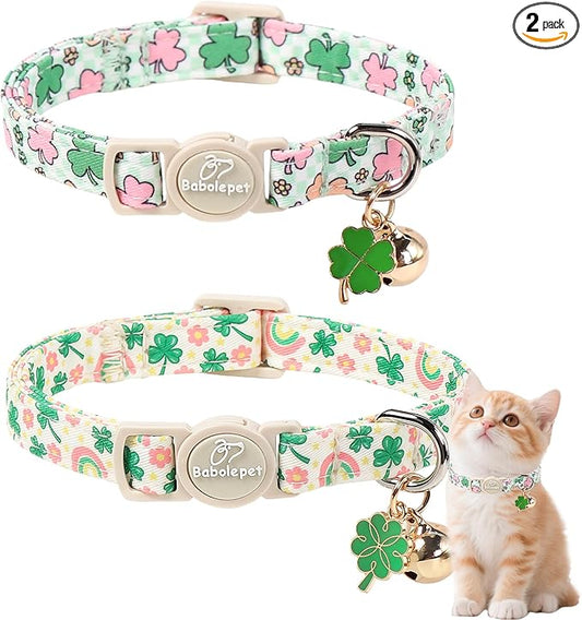 2 Pack St. Patrick’s Day Cat Collars - Breakaway Cat Collar with Bell, Green Lucky Clover Pendant, Adjustable Cute Pastel Rainbow Shamrock Kitten Collars for Boy Girl Cats