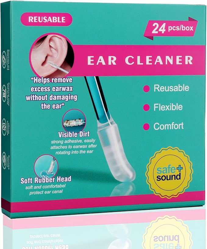 Sticky Ear Cleaning Stick 24 Pack, Adhesive Ear Cleaner with Washable Design, Reusable Soft Sticky Ear Swabs for Gentle Ear Cleaning, Portable Ear Wax Removal for Adults (Olive Green)