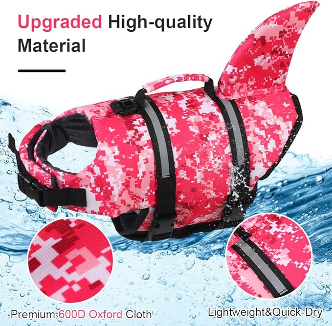 EMUST Shark Life Jackets for Dogs, Adjustable Ripstop Dog Life Vest for Water Safety Pet Life Vest with Rescue Handle Safety Vest for Swimming Pool Beach Boating, (L,Pink Camouflage)