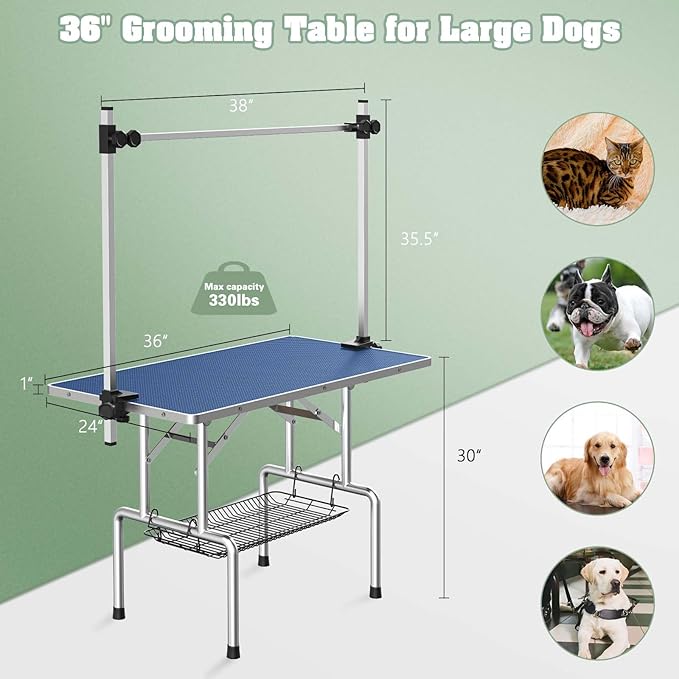 Dog Grooming Table, Adjustable Large Pet Drying Desktop, Foldable Bathing Desk with Arms, Noose, Mesh Tray, Maximum Capacity Up to 330Lb, 36in, Navy