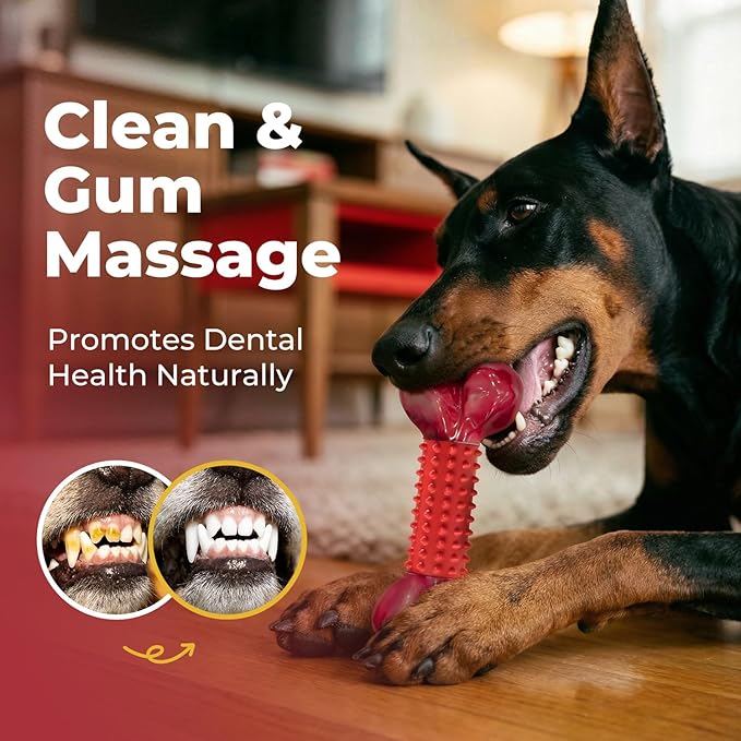 4-Pack Tough Dog Toys for Aggressive Chewers: Beef Flavored Long Lasting Dog Bones for Large Dogs, Heavy Duty Nylon & Rubber Dog Chew Toys to Keep Them Busy, Medium & Large Breed, Red