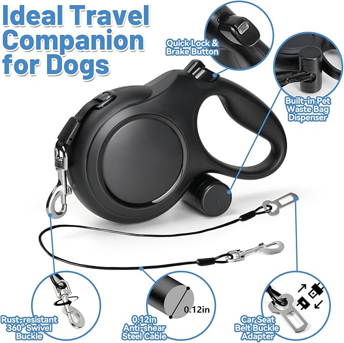 26ft Heavy Duty Retractable Dog Leash for Large Dogs, Dog Leash with Poop Bag Holder, Up to 100lbs, Chew Proof Cable, One-Handed Pause & Lock, 360° No Tangle. (26 ft, Black)