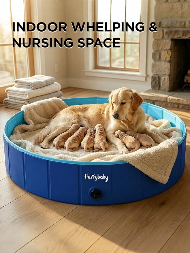 Furrybaby Dog Pool, Kiddie Pool Hard Plastic Foldable Dog Pools for Large Dogs Portable Pet Doggie Wading Swimming (Navy 63'') Indoor and Outdoor