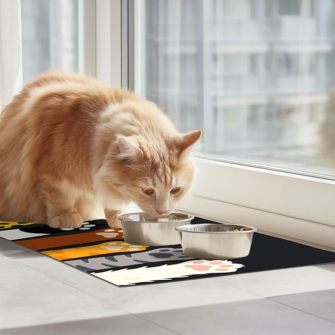 HOMETITUTE Cute Animal Paw Pet Food Mat Non Slip Spill Proof Feeding Pad for Cats Kittens Small Dogs Food and Water Bowl Mat Easy Clean Fast Dry Placemat for Pet Feeding Area Kitchen Decor 20" x 12"