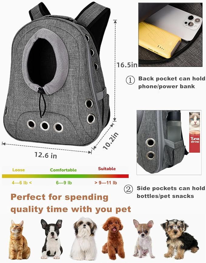 Small Dog Cat Chest Backpack Carrier,Large Space Ventilated Front Facing Backpack Carrier for Puppy,Lightweight Doggy Backpack for Hiking,Camping,Travel,Outdoor,Max 12 lbs(‌Gray)