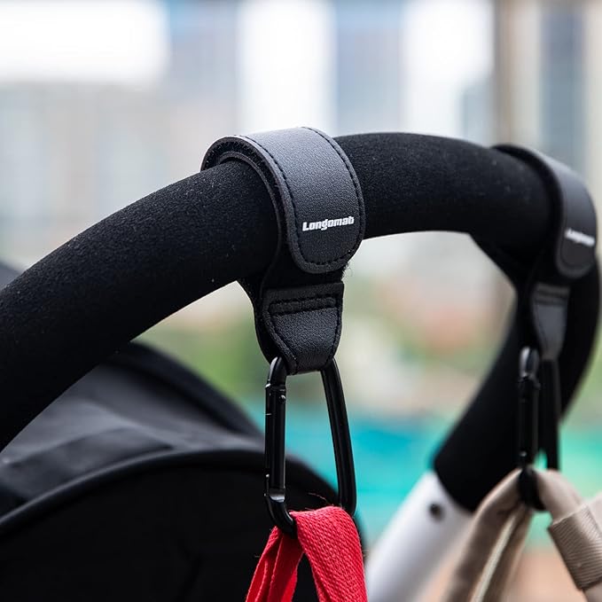 (4-Pack Baby Stroller Hooks Clip or Hanging Diaper Bag Universal Hooks Accessories for Stroller and Car or Shopping Cart Made of Aircraft Aluminum and Leather (Black and Brown)