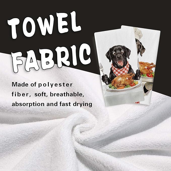 Funny Chef Black Labrador Dog Kitchen Dish Towels Set of 2, Roast Turkey Drying Hand Towel Baking Cooking Cloth, Thanksgiving Bathroom Home Decoration Pet Dog Owner Lover Gifts 18'' x 26''