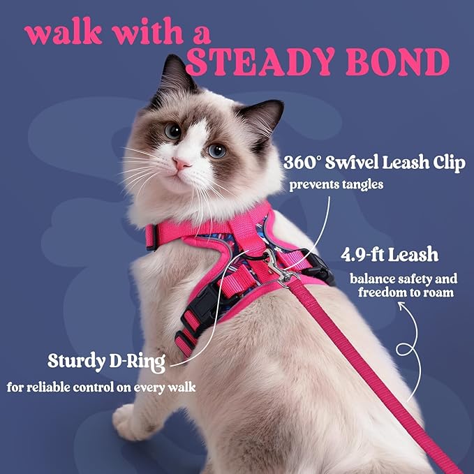 rabbitgoo Cat Harness and Leash Set, Escape Proof Vest Harness for Safe Outdoor Walks, Soft Breathable Adjustable Vest with Reflective Strips for Small and Average Cats, Coconut Fuchsia, S