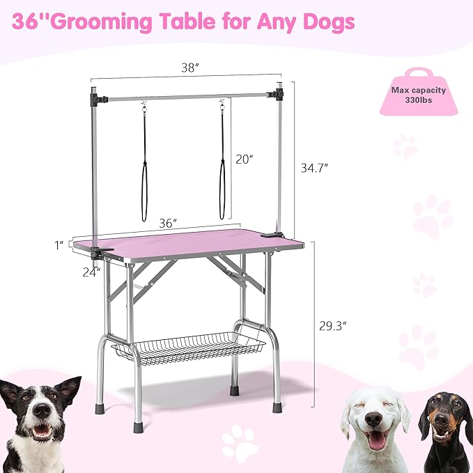 Lyromix Dog Grooming Table, Adjustable Large Pet Drying Desktop, Foldable Bathing Desk with Arms, Noose, Mesh Tray, Maximum Capacity Up to 330Lb