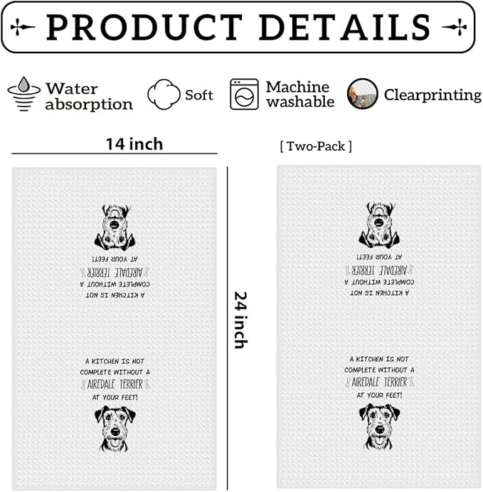 2Pcs Airedale Terrier Dog Paw Kitchen Towels 24x14 Inch, Airedale Terrier Gifts for Woman Mom, Reusable Waffle Weave Microfiber Absorbent Hand Tea Towels for Kitchen Bathroom Decor, Dog Lovers Gifts