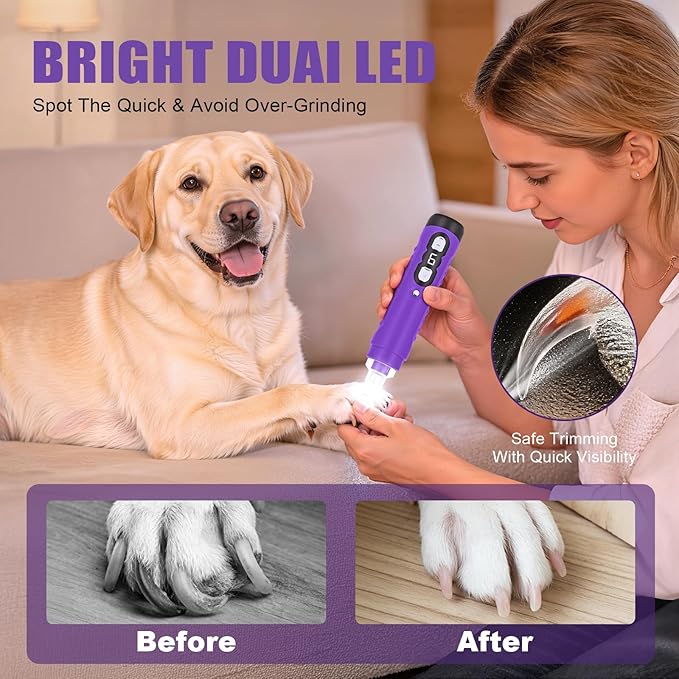 Dog Nail Grinder, 9-Speed Professional Quiet Electric Trimmer for Large Medium Dogs, with Quick Sensor Guard, 2 LED Lights, 2000mAh USB Rechargeable (Purple)