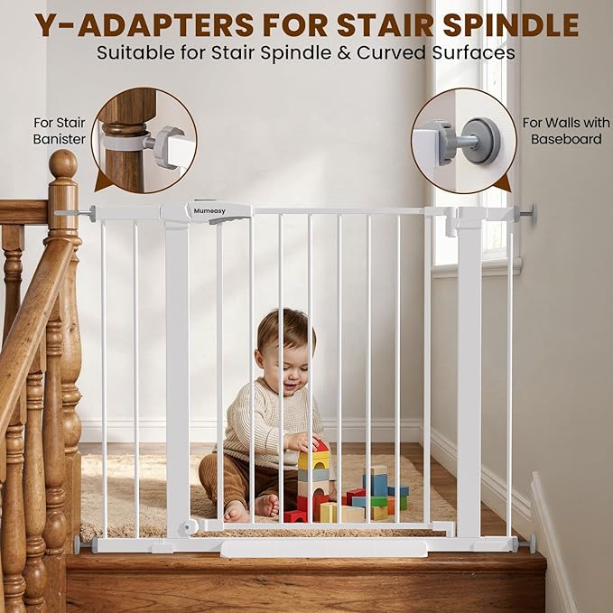 Mumeasy 29.7-40.6" Baby Gate for Stairs, Auto Close Dog Gate for Doorways, Pressure Mounted No Drill Pet Gate with Easy Walk Thru Door, Double Lock, White
