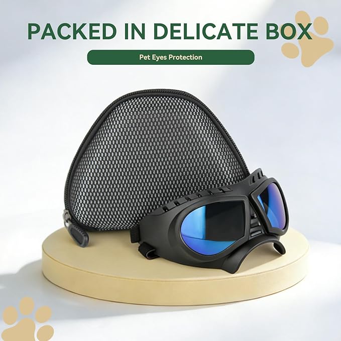 Dog Goggles for Small to Medium Breeds, Small Dog Sunglasses UV Protection Windproof Snowproof, Outdoor Driving/Riding/Hiking Pet Eyes Protection, Soft Frame Adjustable Straps, Blue Lens