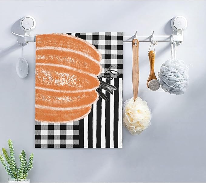 2 PCS Fall Hand Towels Soft Microfiber Orange Pumpkin Black and White Buffalo Plaid Stripes Kitchen Towel for Bathroom Yoga Gym Thanksgiving Day Decorative Towels 13.8"X29.1"