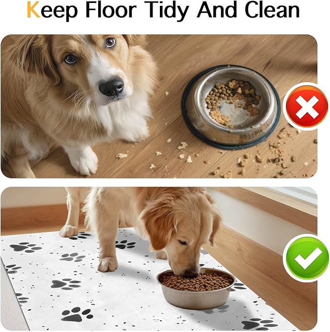 HOMETITUTE 24x16 inch Non Slip Dog Food Mat Pet Bowl Placemat for Food and Water Small Dog Bowl Mats Cat Food Mat Easy to Clean Feeding Mats for Small Pets Paw Print Design