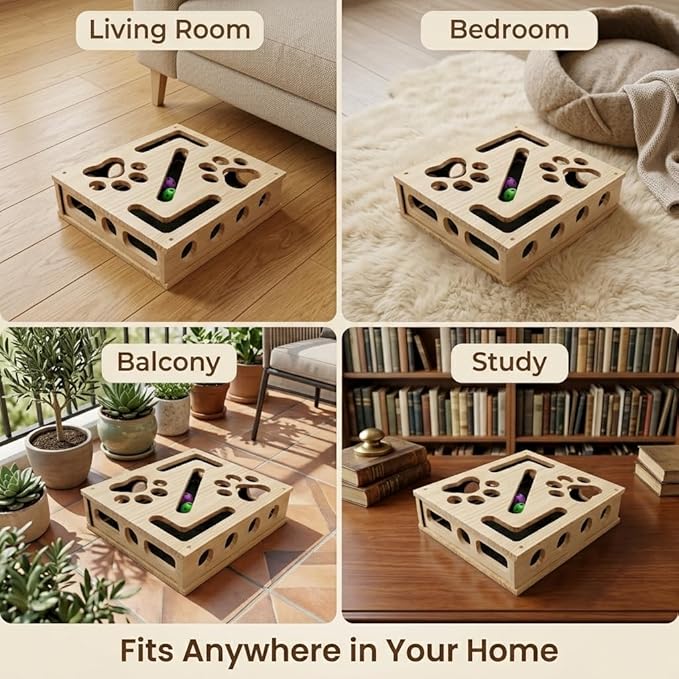 Cat Scratch Puzzle Enrichment Box, Large Solid Wood Cat Nail File Box with Sandpaper and 3 Bell Balls, Stress Free Alternative to Clippers & Grinders, Interactive Cat Toy for Indoor Cats Claw Care (A)