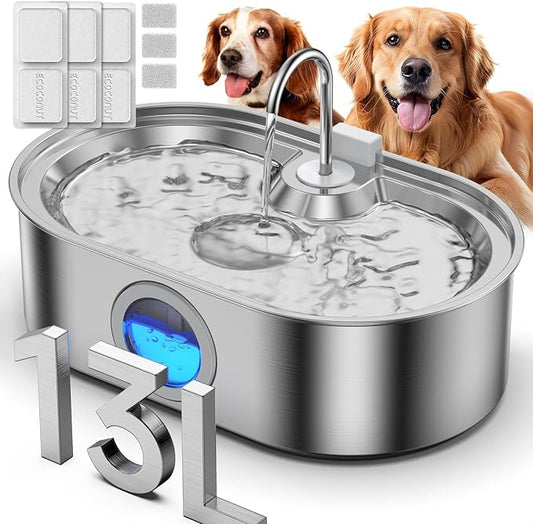 3.4Gal Dog Water Fountain for Large Dogs, 13L Stainless Steel Large Pet Fountain with Deeper & Wider Drinking Area, Automatic Dog Water Bowl Dispenser with Water Window (with 3 Filters)