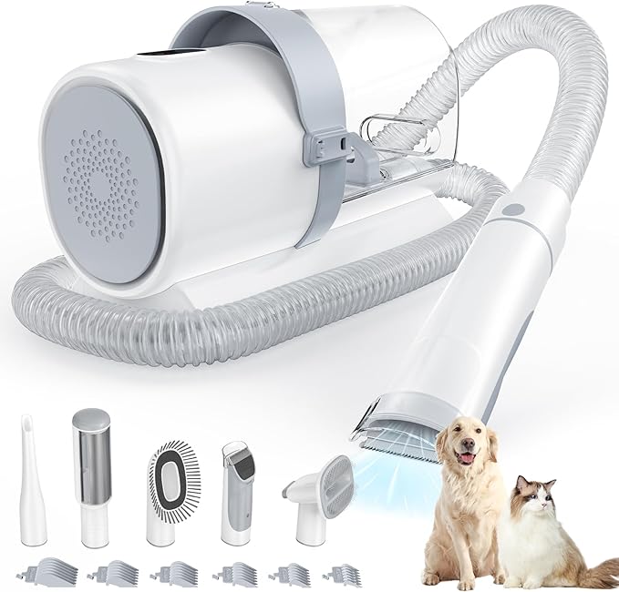 DUMOS Pet Grooming Vacuum Kit, 3 Adjustable Suction Modes, 5 Professional Grooming Tools with Cordless Low Noise Dog, 10000PA Cat Hair Clippers for Home Cleaning, 2.5L, Ivory