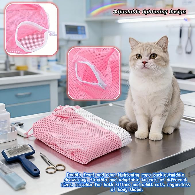 Cat Grooming Restraint Bag with Adjustable Drawstrings, Pink Mesh Bath Bag for Bathing, Nail Trimming, Ear Cleaning, Breathable Polyester with Zipper Design and Handheld Design (Pink)