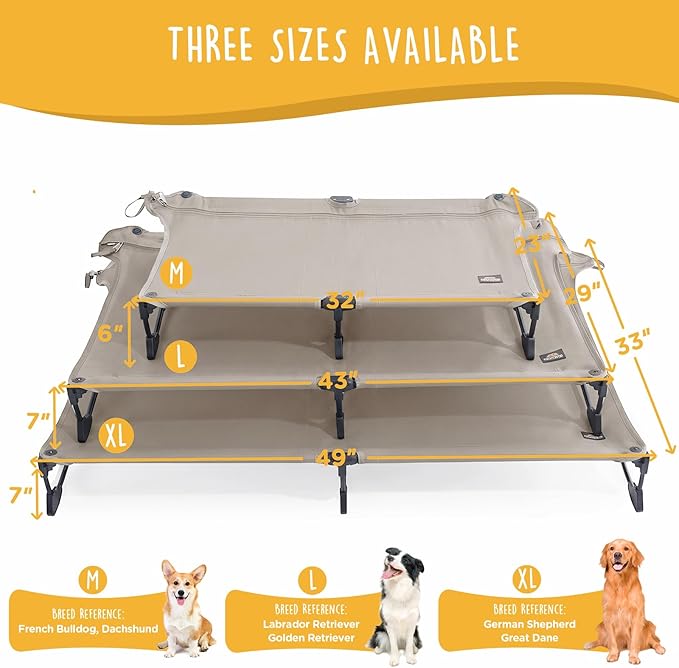 CANINE CANYON Upgraded Non-Slip Daisy Cot, Large Foldable Elevated Dog Bed, Portable Raised Outdoor Folding Dog Cot for Camping/Home, Chew Proof Waterproof Heavy Duty Up to 160 Lbs, Brown, 43"x27"