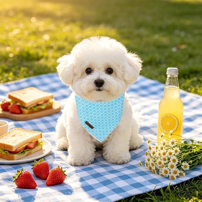 Lionet Paws Spring Summer Blue Grid Dog Bandana Washable Cotton Handkerchief Scarf Triangle Flower Bandana for Medium Large Dogs Girl Boy
