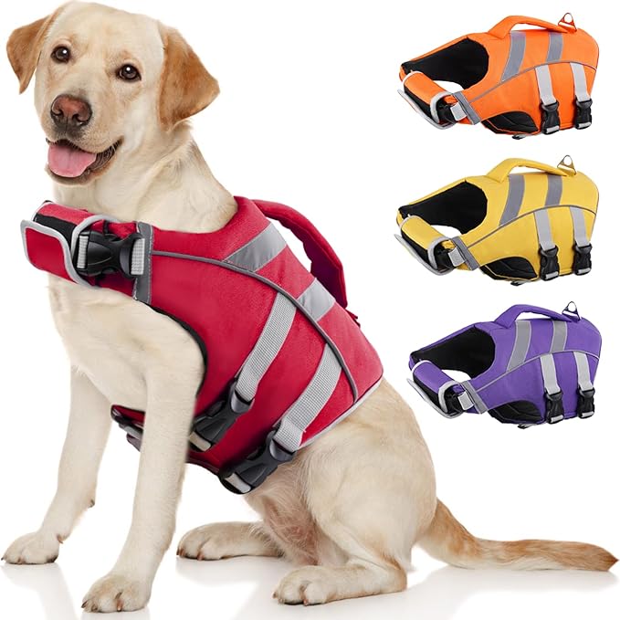 Kuoser Dog Life Jacket with Reflective Stripes, Dog Life Vest for Swimming Boating, Adjustable Pet Lifejackets with High Flotation, Doggie Swimsuit for Small Medium Large Dogs