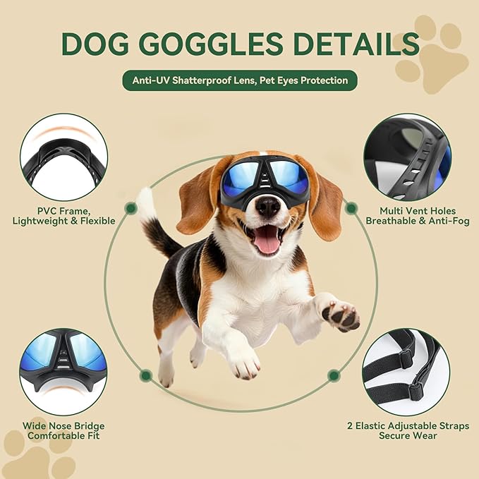 Dog Goggles for Small to Medium Breeds, Small Dog Sunglasses UV Protection Windproof Snowproof, Outdoor Driving/Riding/Hiking Pet Eyes Protection, Soft Frame Adjustable Straps, Blue Lens