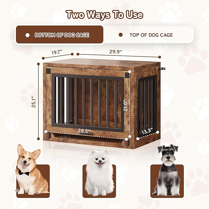 Jocoevol Dog Crate Furniture - 30'' Wooden Dog Kennel for Dogs up to 30 lb, Small Dog Crate with Hidden Sliding Door, Heavy Duty Dog Cage with Safety Latch and Quiet Pads, Rustic Brown