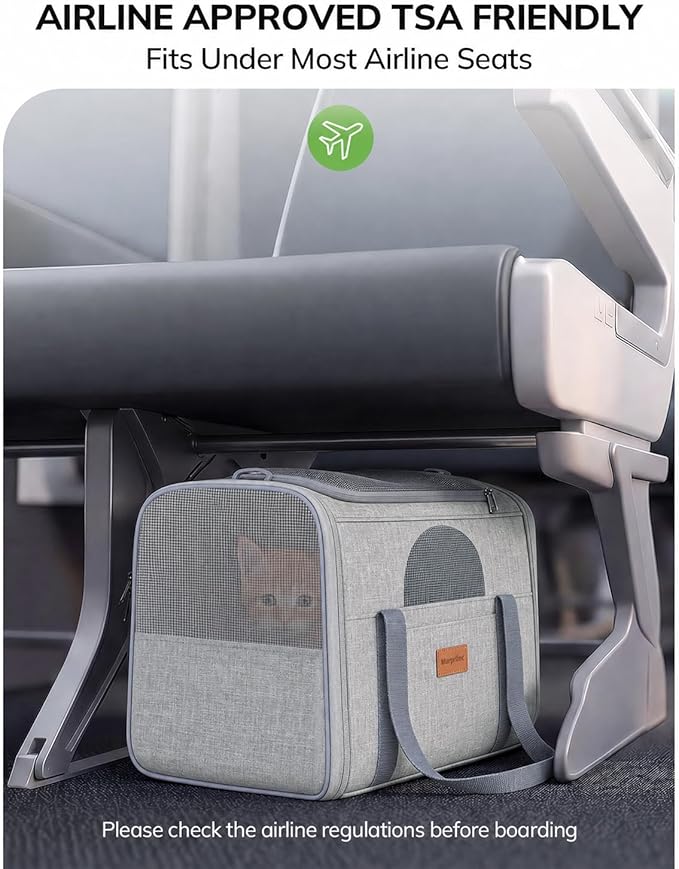Morpilot Airline Approved Cat Carrier, 16.5" x11" x11" Soft-Sided Pet Travel Carrie with 4-Sided Mesh Ventilation for Cats & Puppies up to 15lbs (Light Gray)