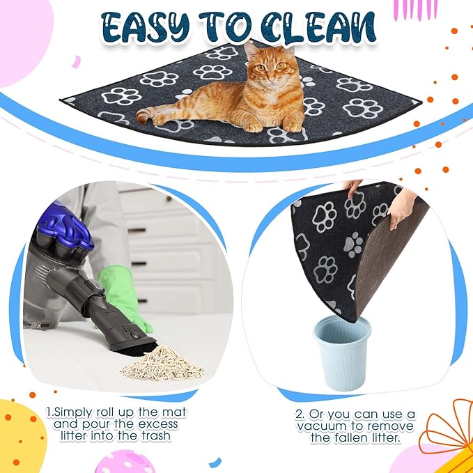 Drydiet Corner Cat Litter Trapping Mat Water Resistant Cute Paw Pattern Corner Litter Mat, 29" x 29" Gray Traps Mess from Box Protects Floors Machine Washable Urine Proof Soft on Kitty Paws Absorbent