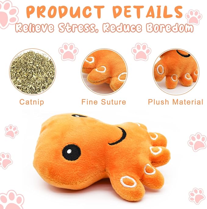 Andiker Cat Catnip Toys, 3Pcs Cat Interactive Toys for Indoor Cats, Soft Plush Kitten Chew Toys with Crinkle Paper for Relieve Stress, Reduce Boredom, Teething (Octopus)