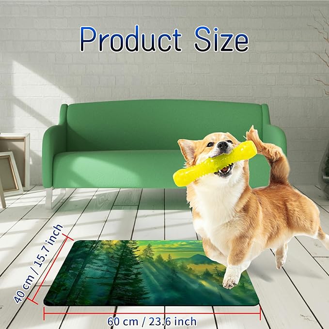Dog Food Mat, 15.7" x 23.6" Absorbent Pet Feeding Mat for Food and Water, Waterproof Diatom Mud Pet Placemat with Non-Slip Rubber Backing, Easy Clean Cat Bowl Mat for Floors - Green Forest
