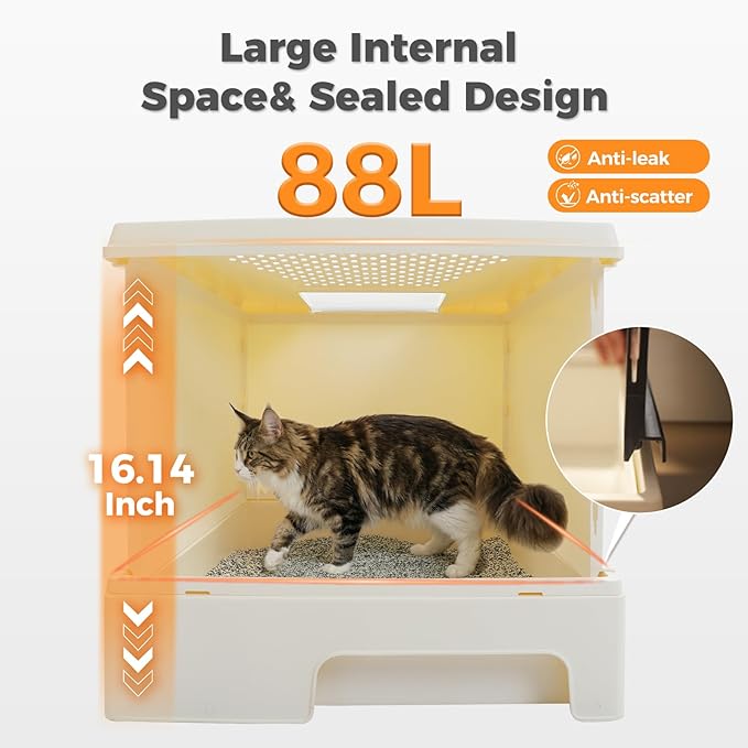 PAWZ Road Large Cat Litter Box, Dual Entry Litter Box with Lid, Fully Enclosed Drawer Type Cat Litter Box for Large Cats,Gray