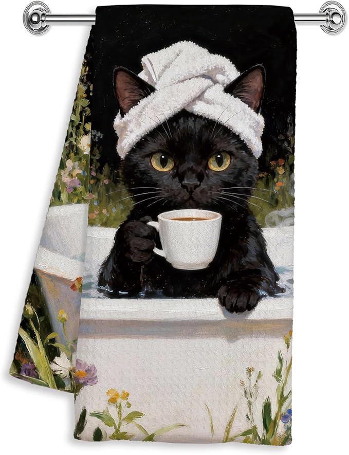 Funny Black Cat Hand Towels for Bathroom Washroom Spa Decor 16x24 Inches, Black Cat Gifts for Women, Floral Coffee Kitty Bathroom Hand Tea Towels Decorative