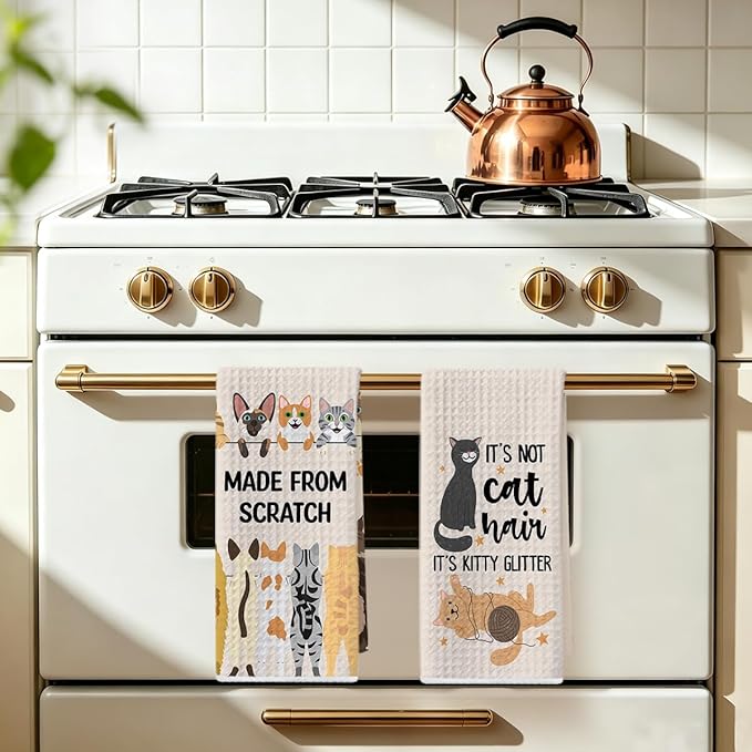 2 Pcs Funny Cat Kitchen Towels 24x14 Inch, Cats Gifts Reusable Dish Towels for Kitchen Bathroom Decor, Waffle Weave Hand Cloth Tea Towel, Cute Cat Lover Gifts for Women Mom Friend