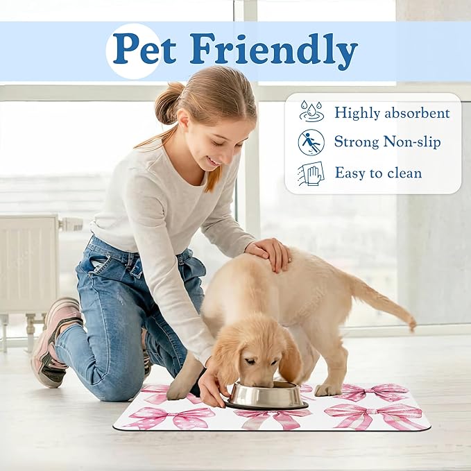 Pink Bows Dog Cat Food Mat–Absorbent Waterproof Placemat for Food and Water Bowls, Non Slip Rubber Backing, Feeding Mat for Clean Floors 12"x20"
