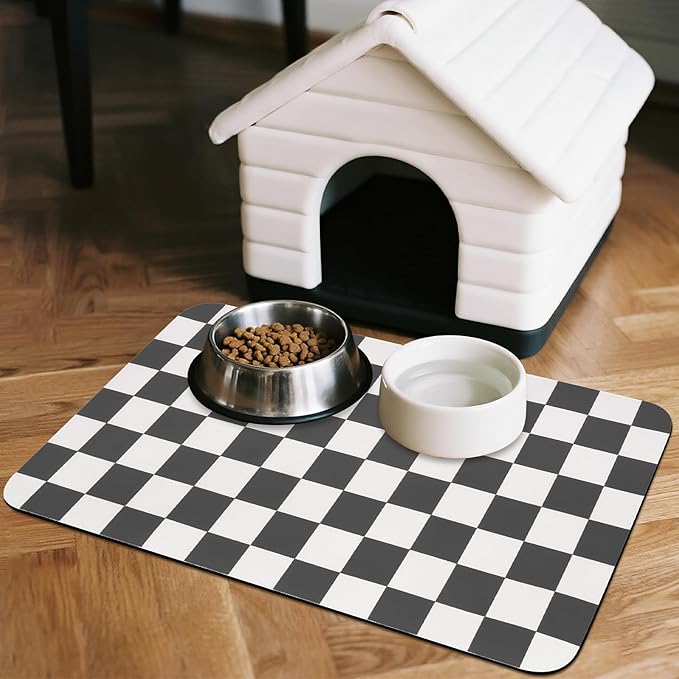 CooRug Checkered Dog Food Mat, Absorbent Leak-Proof Pet Feeding Mat, Quick Dry Cat Food Mat for Messy Drinkers 17" x 32" Black