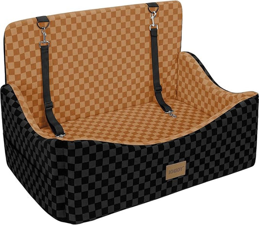 JOEJOY Dog Car Seat for Medium/Large Dogs - Reversible Dual-Sided Travel Dog Car Bed with Memory Foam, Washable Pet Booster Seat for Do gs up to 55 lbs or 2 Small Dogs, 2 Safety Leashes, Brown