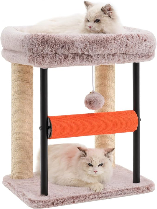 Hey-brother Cat Tree Tower with Rolling Scratching Post, Spacious Plush Platforms, Fully Sisal-Wrapped Column and Plush Toy Ball, Sturdy Bed for Indoor Kittens, 18.9 inches, Muchroom MPJ010SMU
