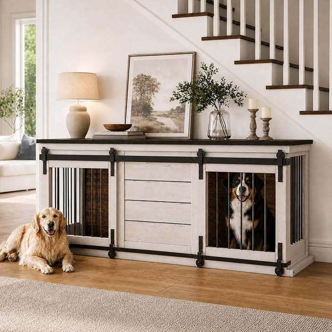 62" Farmhouse Dog Crate Furniture for 2 Large Dogs, Heavy Duty Solid Wood Indoor Dog Kennel with Removable Divider, Sliding Door, Double Dog Crate TV Stand, Vintage Industrial Style