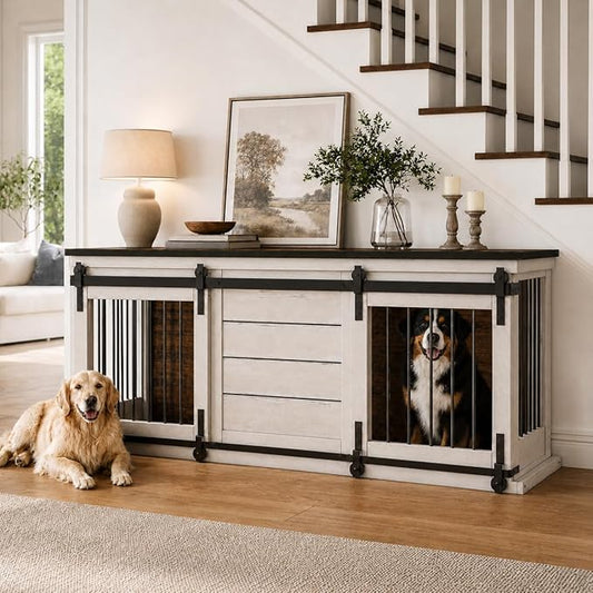 62" Farmhouse Dog Crate Furniture for 2 Large Dogs, Heavy Duty Solid Wood Indoor Dog Kennel with Removable Divider, Sliding Door, Double Dog Crate TV Stand, Vintage Industrial Style