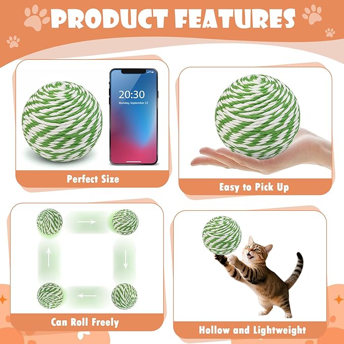 3.94 inch Sisal Cat Ball Toy, Interactive Natural Cat Scratching Ball, Perfect Scratcher for Cats' Exercise and Fun (White and Green Stripes)