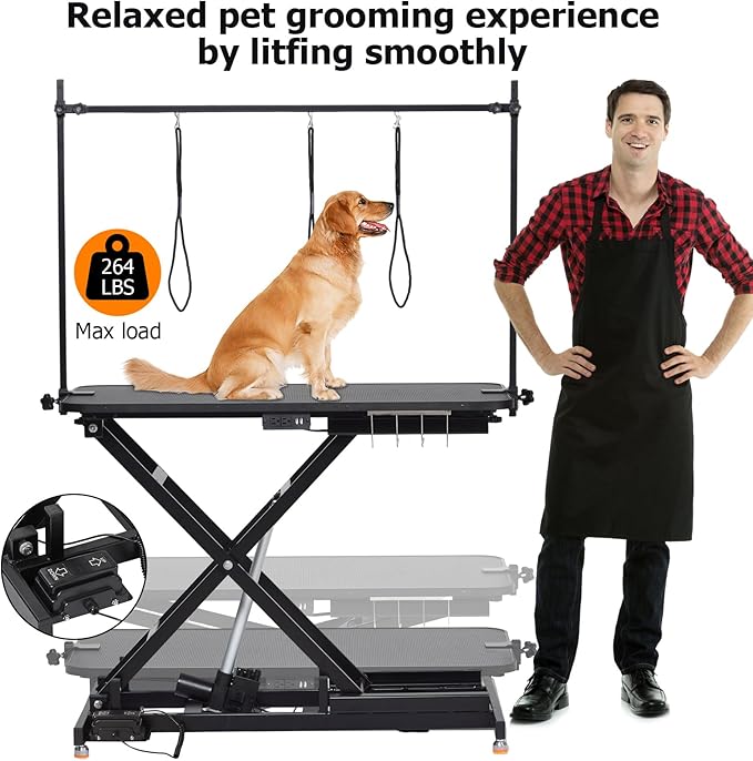 47 in Electric Dog Grooming Table, Heavy Duty, Height Adjustable Professional Pet Grooming Table w/Leveling Wheels, Dog Grooming Arm, Anti Slip Tabletop & Tool Organizer/Dog Grooming Station, Black