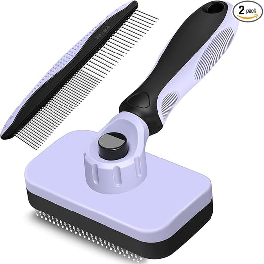 2PCS Self Cleaning Slicker Brush & Dog Comb - Skin Friendly Deshedding Grooming Tool for Dogs, Cats and Small Animals, Professional Deshedding Tool for Long and Short Haired Pets (Light Purple)